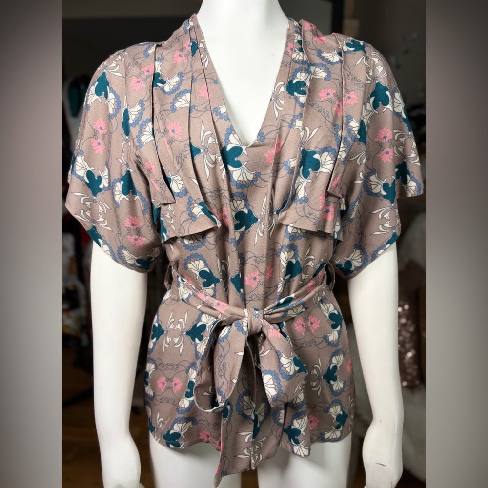 Paul & Joe Sister Tan, Pink & Blue Vneck Faux Kimono Style Belted Blouse, Sz S